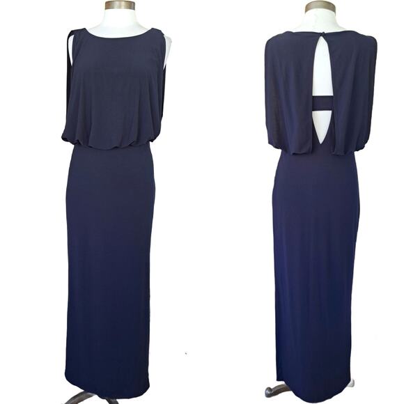 XSCAPE Navy Blue Jersey Blouson Maxi Dress Size 4 Formal Gown Cutout Sleeveless - Picture 1 of 10